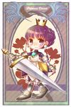  armor armored_dress boots border braid copyright_name crown dress earrings gradriel greaves green_border hiyopuko jewelry knee_boots knight princess_crown purple_eyes purple_hair short_hair smile solo sword weapon white_bloomers 