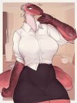 anthro big_breasts bottomwear breasts clothed clothing dinosaur dress_shirt dromaeosaurid feathered_dinosaur feathers female front_view fully_clothed hi_res non-mammal_breasts office_lady onm11 red_body reptile scalie shirt sitting skirt solo tail theropod topwear