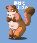  blue_eyes chibineco chubby flaccid japanese_text male moobs obese overweight penis solo tanuki text translation_request 