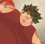  1boy bara beard_stubble demon_boy demon_horns demon_tail facial_hair fang fang_out foreshortening from_below green_eyes green_hair highres horns large_pectorals looking_at_viewer looking_down male_focus meme muscular muscular_male mustache_stubble nipple_slip nipples original pectoral_cleavage pectoral_focus pectorals photo-referenced red_tank_top short_hair sideburns_stubble sidepec solo stubble taichi_(sjb_04art) tail tank_top thick_chest_hair thick_eyebrows upper_body yur_oc_like_this_(meme) 