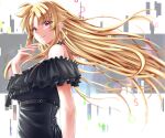  1girl black_dress blonde_hair closed_mouth dress earrings fate_testarossa floating_hair from_side highres jewelry long_hair looking_at_viewer lyrical_nanoha mahou_shoujo_lyrical_nanoha_strikers off-shoulder_dress off_shoulder red_eyes smile solo sougetsu_izuki sparkle straight_hair upper_body very_long_hair 