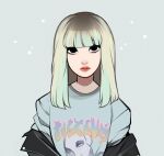  1girl black_eyes blackpink blonde_hair blunt_bangs closed_mouth english_commentary green_hair highres jacket k-pop leather leather_jacket lisa_(blackpink) looking_at_viewer medium_hair milkoe multicolored_hair real_life red_lips shirt solo star_(symbol) straight-on t-shirt upper_body 