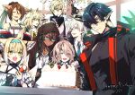  1boy animal_ears arknights birthday_cake black_hair black_jacket blonde_hair blue_eyes cake cat_ears dark_skin flamebringer_(arknights) food green_eyes horns jacket multiple_boys multiple_girls orange_eyes pectorals sleeveless sleeveless_turtleneck toriyoshi turtleneck 