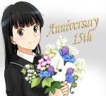  1girl amagami ayatsuji_tsukasa black_bow black_bowtie black_hair black_jacket black_sailor_collar blazer blush bouquet bow bowtie brown_eyes closed_mouth holding holding_bouquet jacket kero320 kibito_high_school_uniform long_hair long_sleeves looking_at_viewer sailor_collar school_uniform solo straight_hair upper_body 