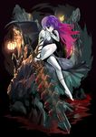  barefoot bat_wings blood breasts chain cleavage copyright_request dress highres kogaken medium_breasts mouth_hold multicolored_hair needle pale_skin purple_eyes purple_hair side_ponytail sitting solo sword weapon wings 