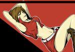  armpits arms_up belt boots breasts brown_eyes brown_hair ichi_ka lying medium_breasts meiko midriff navel on_back short_hair skirt smile solo underboob vocaloid 