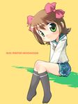  amami_haruka brown_hair green_eyes hair_ribbon idolmaster idolmaster_xenoglossia kneehighs ribbon sakurabe_notosu school_uniform serafuku short_hair sitting skirt smile socks solo 