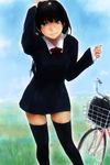  bad_id bad_pixiv_id bangs basket bicycle bicycle_basket black_dress black_hair black_legwear day dress grass grey_eyes ground_vehicle hand_on_own_head highres lips long_hair long_sleeves looking_at_viewer neck_ribbon nimirom original outdoors red_ribbon ribbon school_briefcase school_uniform skirt sky smile solo standing thighhighs wing_collar zettai_ryouiki 