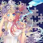  abstract bad_id bad_pixiv_id bare_shoulders bird blonde_hair blue_eyes breasts cigarette cleavage dress fingernails flower hair_flower hair_ornament jigsaw_puzzle lace long_fingernails long_hair medium_breasts multicolored_hair nitou_akane original pansy petals puzzle puzzle_piece red_hair smoke smoking snowflakes solo two-tone_hair very_long_hair wavy_hair 