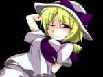  blonde_hair d-so hat hat_ribbon luize necktie one_eye_closed purple_eyes ribbon short_hair short_sleeves simple_background smile solo touhou touhou_(pc-98) 