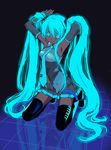  absurdres aqua_eyes aqua_hair armpits arms_up blue_nails colorized dark_skin darklowell detached_sleeves glowing glowing_hair hatsune_miku headphones headset highres kneeling long_hair nail_polish necktie neon_trim perspective reflection skirt smile solo thighhighs twintails very_long_hair vocaloid zettai_ryouiki 