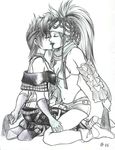  autumn_sacura elbow_gloves final_fantasy_x-2 kiss monochrome paine pencil rikku traditional_media yuri 