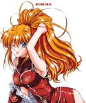  blue_eyes breasts excellen_browning large_breasts mi_mori_nana_tsutomu one_eye_closed ponytail solo sparkle super_robot_wars 