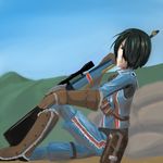  1girl black_hair brown_eyes cuzi_(pixiv10029) female gun hair_over_one_eye marina_wulfstan military military_uniform nature outdoors rifle senjou_no_valkyria senjou_no_valkyria_1 short_hair sitting sky solo uniform weapon 