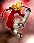  apple bad_apple!! bad_id bad_pixiv_id blonde_hair dress elly food fruit hat hat_ribbon high_heels holding holding_food holding_fruit holding_scythe jumping long_sleeves open_mouth outstretched_arm pantyhose red_eyes ribbon scythe shimomoto shoes short_hair solo touhou touhou_(pc-98) weapon white_legwear 