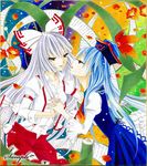  ayuayu bad_id bad_pixiv_id blue_hair bow flower fujiwara_no_mokou hair_bow hat holding_hands imminent_kiss kamishirasawa_keine lips long_hair marker_(medium) multiple_girls petals red_eyes sample scroll silver_hair suspenders touhou traditional_media yuri 