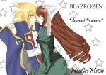  1girl blazblue blonde_hair blush brown_hair crossover dress green_eyes hairband jin_kisaragi long_hair military military_uniform red_eyes rozen_maiden short_hair suiseiseki uniform 