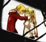  1girl bad_id bad_pixiv_id blonde_hair braid coat edward_elric eye_contact fullmetal_alchemist gloves long_hair looking_at_another ponytail profile riru scarf sketch snow winry_rockbell 