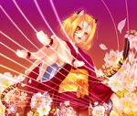  animal_print bad_id bad_pixiv_id blonde_hair fangs flower japanese_clothes kazane_chinya kimono original short_hair solo string tail tiger_print tiger_tail yellow_eyes 