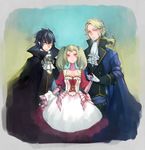  2boys black_hair blonde_hair choker cloak dress elbow_gloves flower gloves green_eyes heterochromia highres holding_hands multiple_boys original pointy_ears red_eyes roma rose short_hair smile twintails white_gloves 