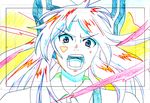  angry color_trace colorful face fujiwara_no_mokou hair_ribbon kageyasu open_mouth partially_colored production_art ribbon solo teeth touhou wind work_in_progress 