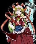  bad_id bad_pixiv_id blonde_hair bug butterfly front_ponytail frown glowing gradient_hair green_eyes green_hair hair_ribbon hands_on_hips head_tilt insect kagiyama_hina lips long_hair multicolored_hair ribbon solo touhou yae_(mono110) 