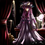  book bookshelf bow crescent curtains desk dsakuraff hair_bow hair_ribbon lamp library long_hair patchouli_knowledge purple_eyes purple_hair ribbon solo touhou voile 