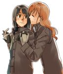  black_hair brown_hair closed_eyes coat embarrassed gloves happy holding_hands maria-sama_ga_miteru mori_(unknown.) multiple_girls nijou_noriko profile short_hair simple_background smile toudou_shimako yuri 