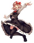  absurdres bad_id bad_pixiv_id black_legwear blonde_hair dress fangs full_body hair_ribbon highres jumping looking_at_viewer nail_polish open_mouth outstretched_arms pink_nails red_eyes ribbon rumia short_hair slit_pupils smile solo spread_arms thighhighs touhou transparent_background yasumo_(kuusouorbital) zettai_ryouiki 