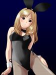  animal_ears blonde_hair bunny_ears bunnysuit copyright_request fishnet_pantyhose fishnets from_below long_hair pantyhose ponnetsu red_eyes solo 
