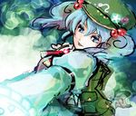  :d backpack bag brooch dutch_angle gem hair_between_eyes hair_bobbles hair_ornament jewelry katari kawashiro_nitori looking_at_viewer open_mouth red_ribbon ribbon smile solo touhou twintails two_side_up 