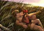  1girl brown_hair closed_eyes copyright_request couple grass hetero kiss red_ribbon ribbon sunset tamanegi_(sei_tamanegi_web) 