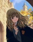  brown_eyes brown_hair closed_mouth curly_hair day harry_potter hermione_granger long_hair long_sleeves naruko_hanaharu school_uniform smile solo sorceress wand 