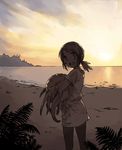  beach brown_eyes brown_hair copyright_request creature inuinu_(project_october) shadow smile solo sun sunset tree water 