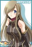  bangs bare_shoulders blue_eyes blush border breasts brown_hair covered_nipples eyebrows eyebrows_visible_through_hair gloves hair_over_one_eye izumi_mahiru large_breasts leaning_forward long_hair long_sleeves sleeveless solo staff tales_of_(series) tales_of_the_abyss tear_grants upper_body watermark web_address 