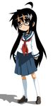  ahoge black_eyes black_hair cosplay frown glasses izumi_konata kitahara_aya kitahara_aya_(cosplay) kurokona long_hair lucky_star onanie_master_kurosawa school_uniform serafuku solo takeya_yuuki 