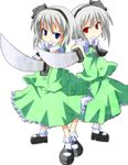  blue_eyes dual_persona hairband katana konpaku_youmu konpaku_youmu_(ghost) multiple_girls red_eyes short_hair silver_hair sword touhou weapon yuuhi_alpha 