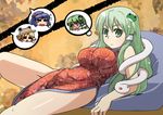  =_= arm_support blonde_hair blue_hair blush blush_stickers breasts china_dress chinese_clothes dress frog green_eyes green_hair hair_ornament kochiya_sanae large_breasts long_hair lying moriya_suwako multiple_girls on_back sasurai short_hair snake teardrop thumbs_up touhou yasaka_kanako 