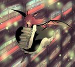  bat_wings book bookshelf dress flying head_wings holding holding_book koakuma library long_hair minakata_sunao necktie red_eyes red_hair smile solo touhou voile wings 