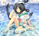  anchor bad_id bad_pixiv_id black_hair green_eyes hat murasa_minamitsu ryokushiki_(midori-ya) sailor sailor_collar sailor_hat see-through short_hair solo touhou water wet wet_clothes 