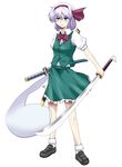  absurdres blue_eyes bow dual_wielding full_body ghost hairband highres hitodama holding katana konpaku_youmu konpaku_youmu_(ghost) purple_bow purple_hairband purple_neckwear purple_ribbon ribbon short_hair silver_hair solidsnake_(artist) solo sword touhou transparent_background weapon 