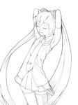  akinbo_(hyouka_fuyou) armpits arms_up closed_eyes detached_sleeves flat_chest greyscale hair_ornament hatsune_miku long_hair monochrome necktie skirt solo thighhighs twintails very_long_hair vocaloid 