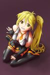  akita_neru blonde_hair breasts chiffonjena cleavage from_above long_hair medium_breasts necktie side_ponytail sitting skirt smile solo thighhighs vocaloid yellow_eyes zettai_ryouiki 