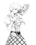  adapted_costume ascot blouse breasts cowboy_shot flower frills gloves greyscale head_tilt kazami_yuuka large_breasts monochrome plaid plaid_skirt puffy_sleeves realistic short_hair short_sleeves skirt smile solo sousou_(sousouworks) sunflower touhou 