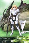  armor belt blonde_hair boots copyright_request dragon elf gauntlets green_eyes hands_on_hips highres kirishima_satoshi pauldrons pointy_ears shield solo sword weapon 