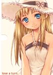  bangs bare_shoulders blonde_hair blue_eyes blush breasts closed_mouth halter_dress halterneck hat inou_shin light_brown_hair long_hair original ribbon small_breasts smile solo straw_hat sun_hat upper_body v_arms white_hat 