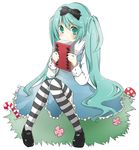  ai_1003 alice_in_wonderland aqua_eyes bad_id bad_pixiv_id blush book bow candy candy_cane dress food gloves hair_bow hair_ribbon hatsune_miku highres holding holding_book long_hair mushroom ribbon shoes sitting solo striped striped_legwear thighhighs twintails very_long_hair vocaloid 