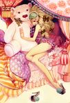  barefoot bed blonde_hair bow feet hair_bow hands high_heels legs lips long_hair matsuo_hiromi nightgown original pillow shoe_dangle shoes sleep_mask solo stuffed_animal stuffed_toy teddy_bear 