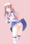  ass blue_skirt blush brown_hair detached_sleeves hair_ornament looking_back nyaou os-tan panties purple_eyes skirt skirt_lift solo thighhighs underwear x_hair_ornament xp-tan 