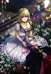  1girl bad_id bad_pixiv_id blonde_hair blood blue_eyes breasts candle cape cleavage coffin copyright_request degitalk dress fang flower looking_up medium_breasts rose tears vampire white_hair yellow_eyes 